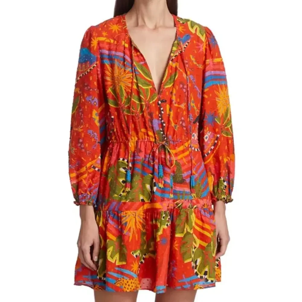 Farm Rio Magic Forest Cotton Mini Dress V-Neck Long Sleeve Beaded Tassels sz M - Picture 7 of 16